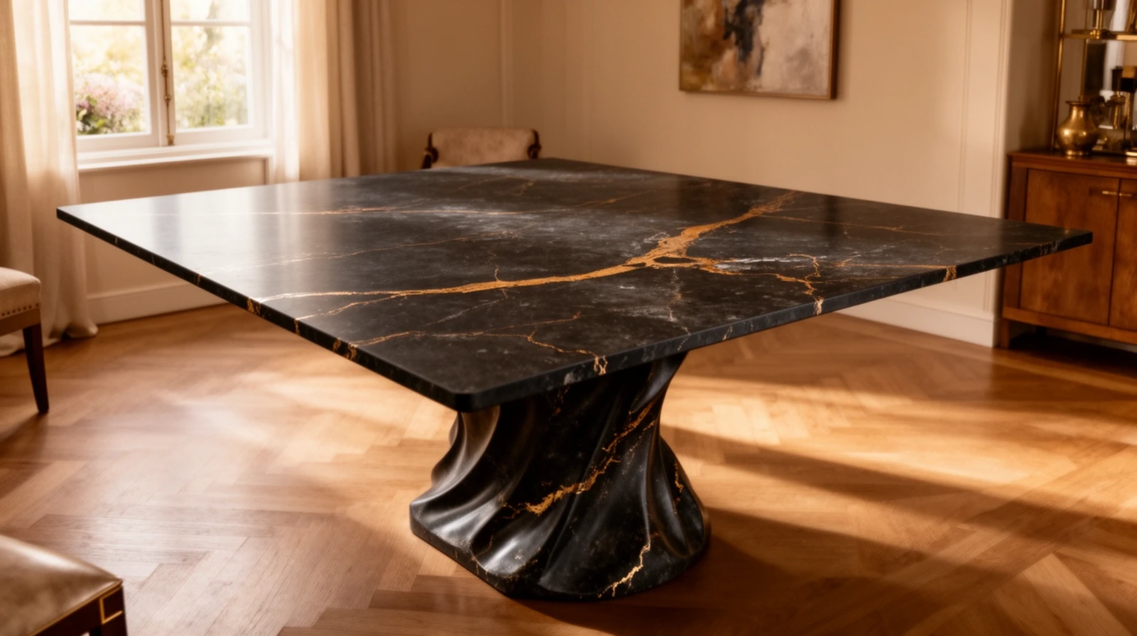 Sumo dining table with Laurent Dekton top in a styled dining room