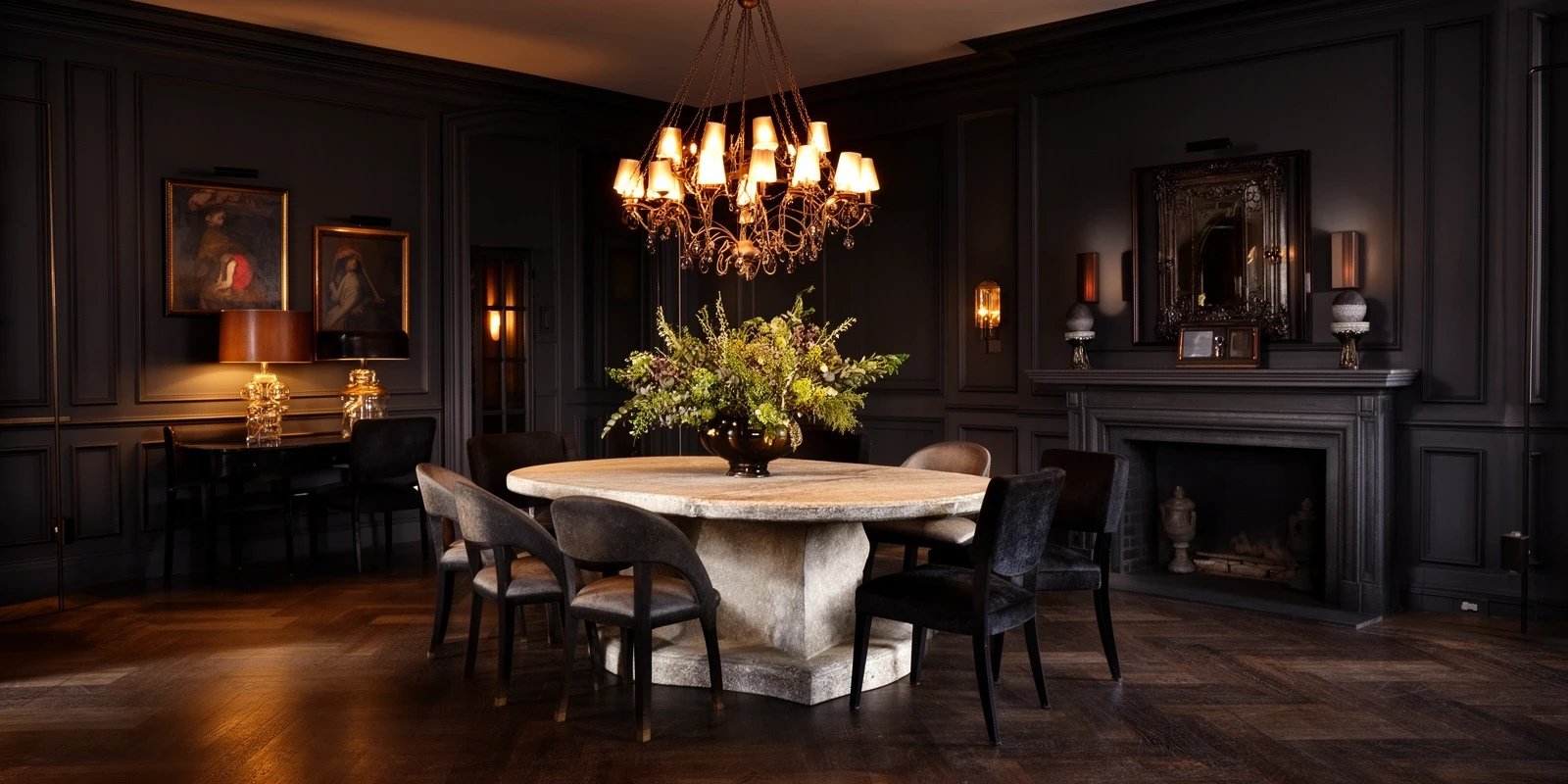 Sumo dining table set in a dark, opulent dining room with the Laurent Dekton top as the centrepiece